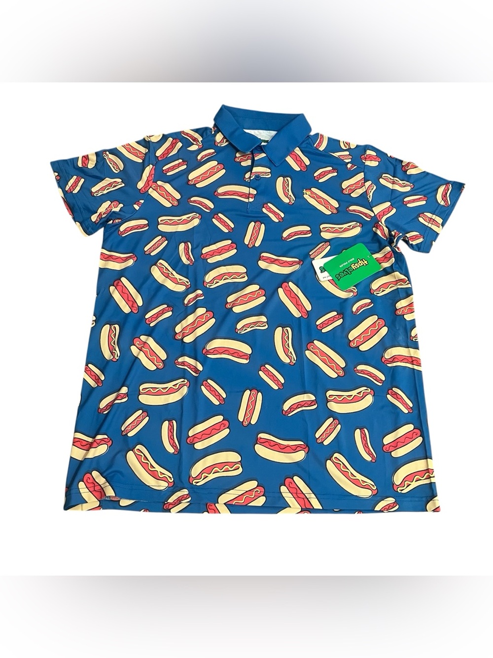 Tipsy Elves Mens Blue Hot Dog Print Stretch Golf Polo Shirt- Size Large NWT